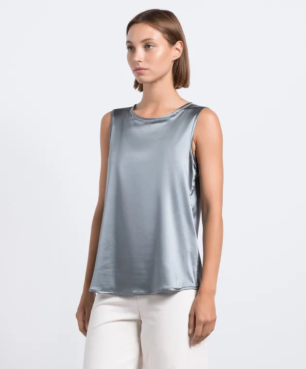 Peserico Gray silk top with monil chain